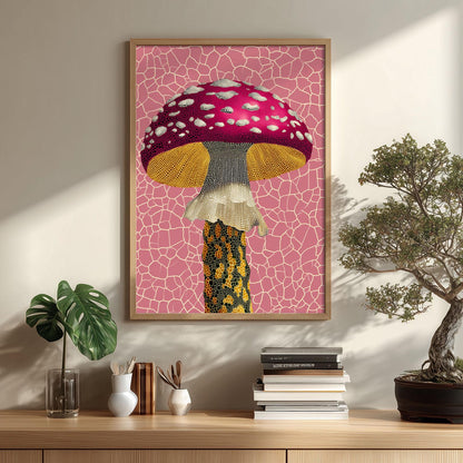 Pink Mushroom Print, Toadstool Wall Art, Whimsical Botanical Poster, Maximalist Home Decor