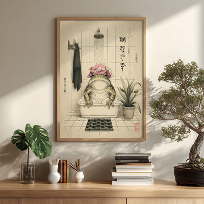 Bathing Frog Print, Whimsical Bathroom Wall Art, Frog Poster, Quirky Home Decor