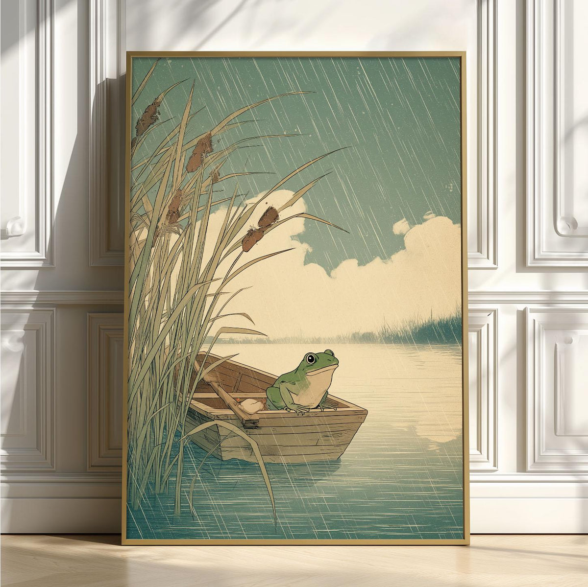 Frog in Boat Print, Whimsical Frog Wall Art, Rainy Lake Poster, Nature Home Decor