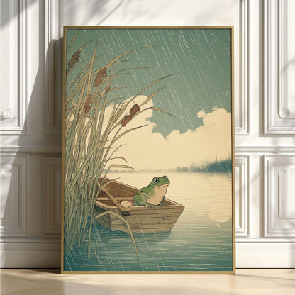 Frog in Boat Print, Whimsical Frog Wall Art, Rainy Lake Poster, Nature Home Decor