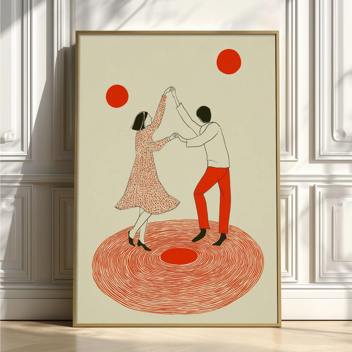 Vinyl Dance Poster, Couple Wall Art, Retro Music Print, Red Wall Decor