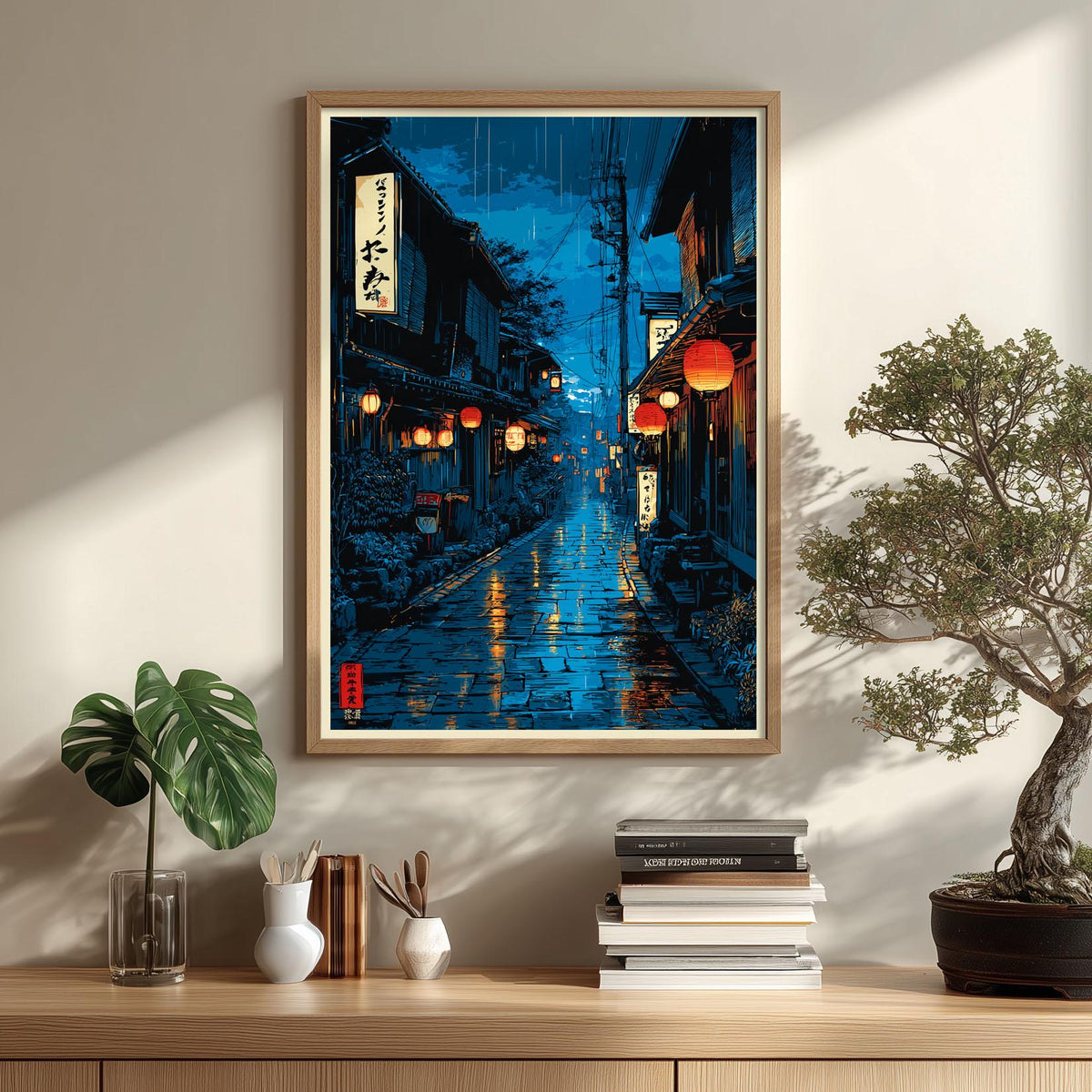 Rainy Street Poster, Japanese Alley Print, Lantern Wall Art, Blue Room Decor