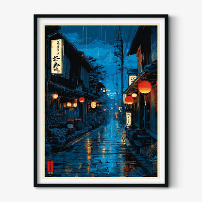 Rainy Street Poster, Japanese Alley Print, Lantern Wall Art, Blue Room Decor