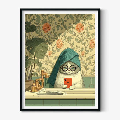 Cat Poster, Funny Cat Print, Quirky Wall Art, Green Bathroom Decor