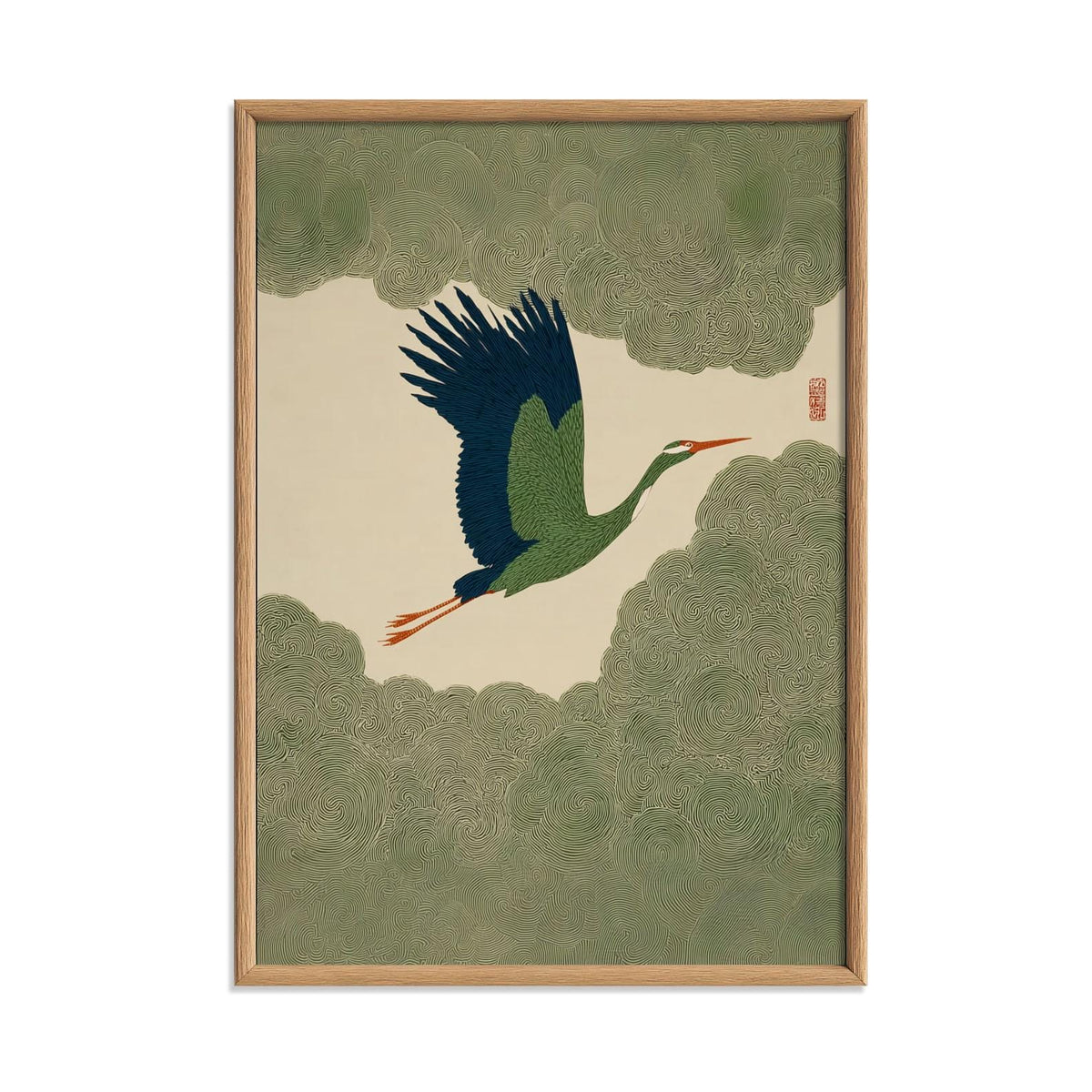 Green Crane Poster, Japanese Wall Art, Flying Bird Print, Zen Illustration