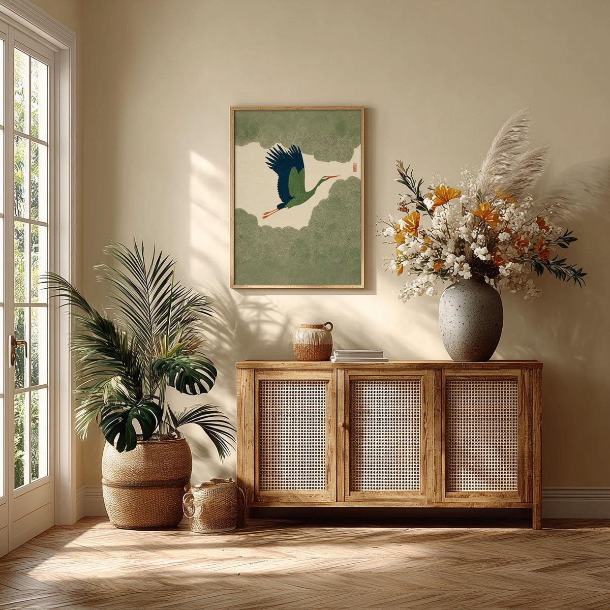 Green Crane Poster, Japanese Wall Art, Flying Bird Print, Zen Illustration