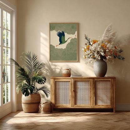 Green Crane Poster, Japanese Wall Art, Flying Bird Print, Zen Illustration