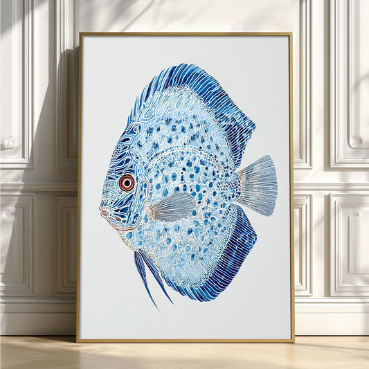 Discus Fish Poster, Blue Fish Print, Aquarium Wall Art, Ocean Illustration