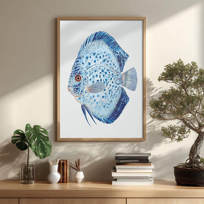 Discus Fish Poster, Blue Fish Print, Aquarium Wall Art, Ocean Illustration