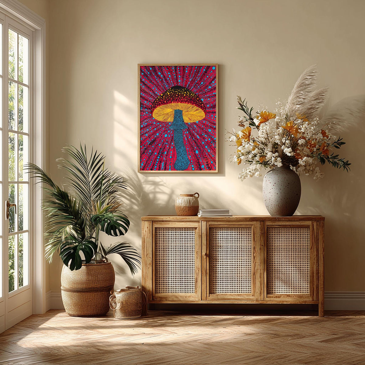 Bold Mushroom Poster, Polka Dot Print, Psychedelic Wall Art, Colourful Decor