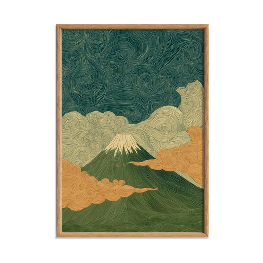 Mount Fuji Poster, Japanese Wall Art, Green Landscape Print, Zen Illustration