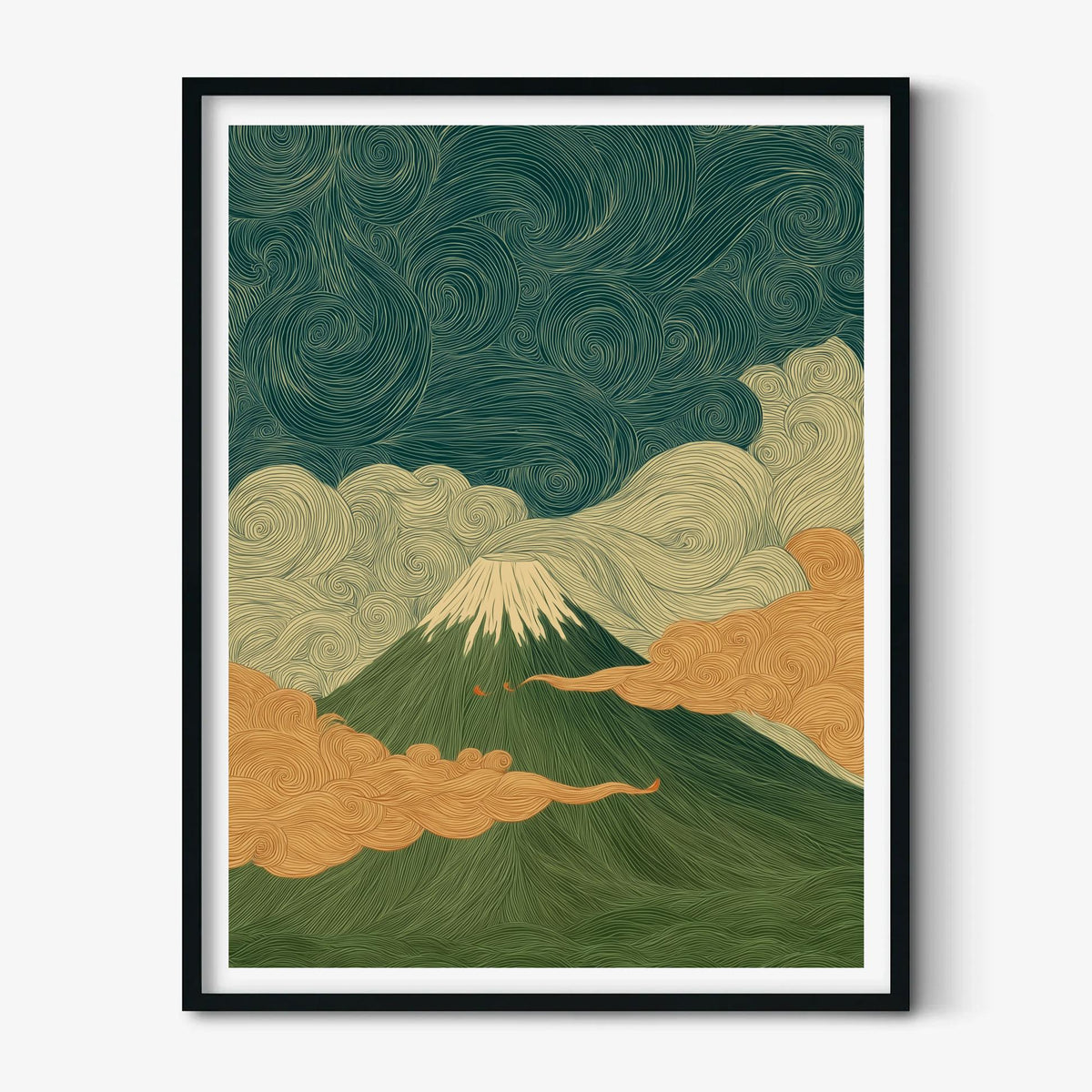 Mount Fuji Poster, Japanese Wall Art, Green Landscape Print, Zen Illustration