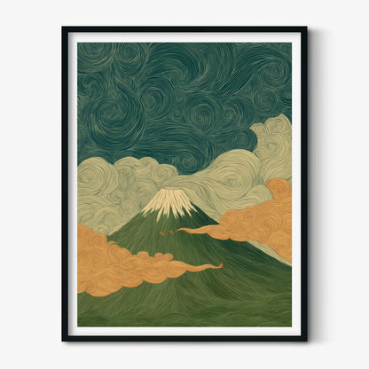Mount Fuji Poster, Japanese Wall Art, Green Landscape Print, Zen Illustration