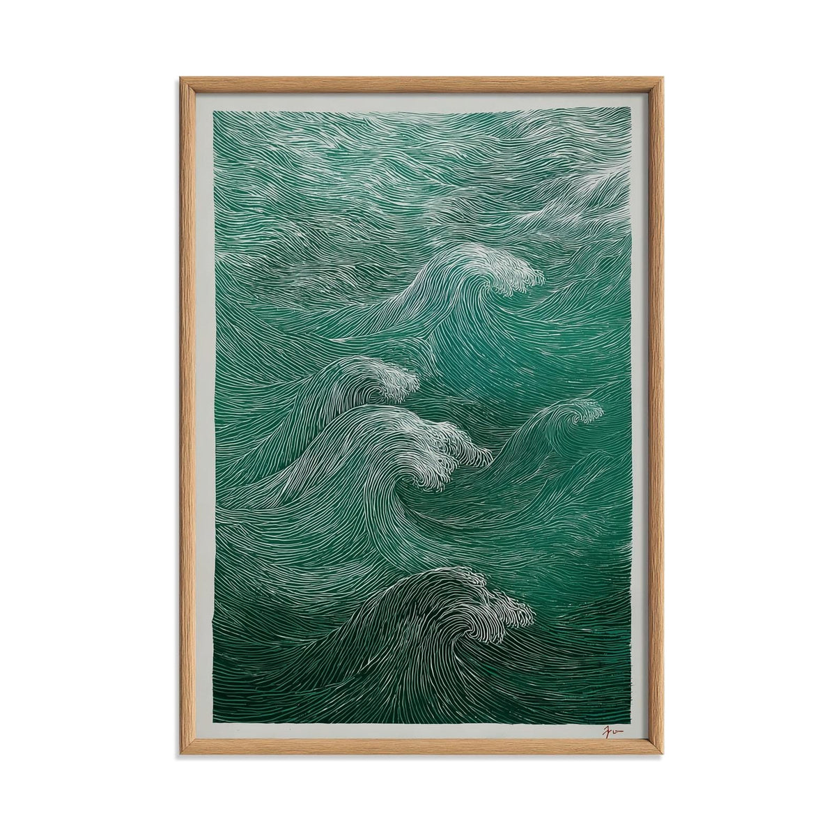 Green Wave Poster, Ocean Wall Art, Woodcut Print, Coastal Illustration