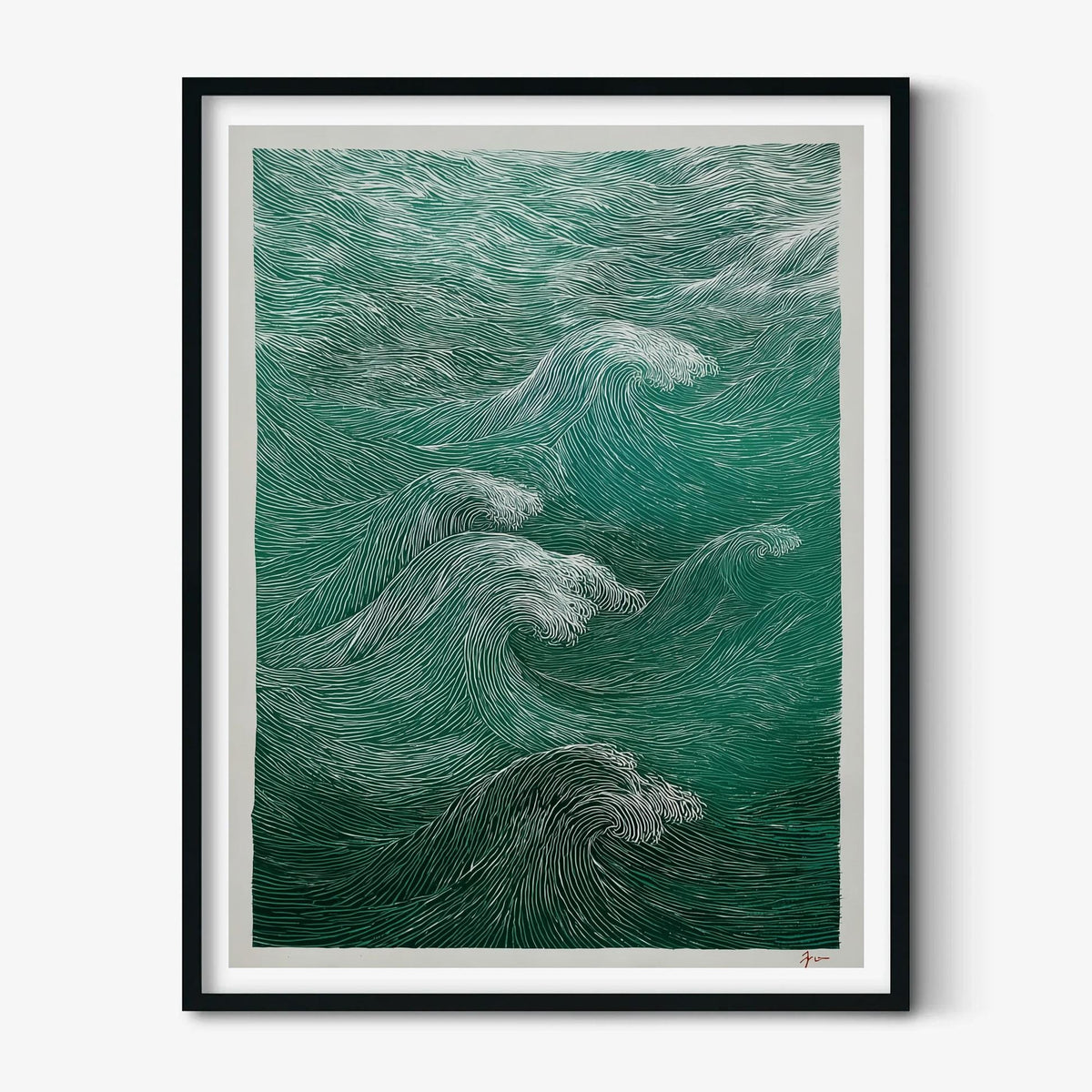 Green Wave Poster, Ocean Wall Art, Woodcut Print, Coastal Illustration