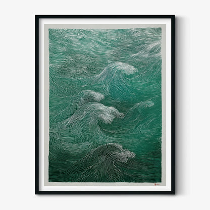 Green Wave Poster, Ocean Wall Art, Woodcut Print, Coastal Illustration