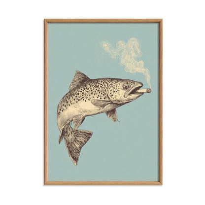 Smoking Trout Poster, Vintage Fish Print, Quirky Wall Art, Blue Illustration