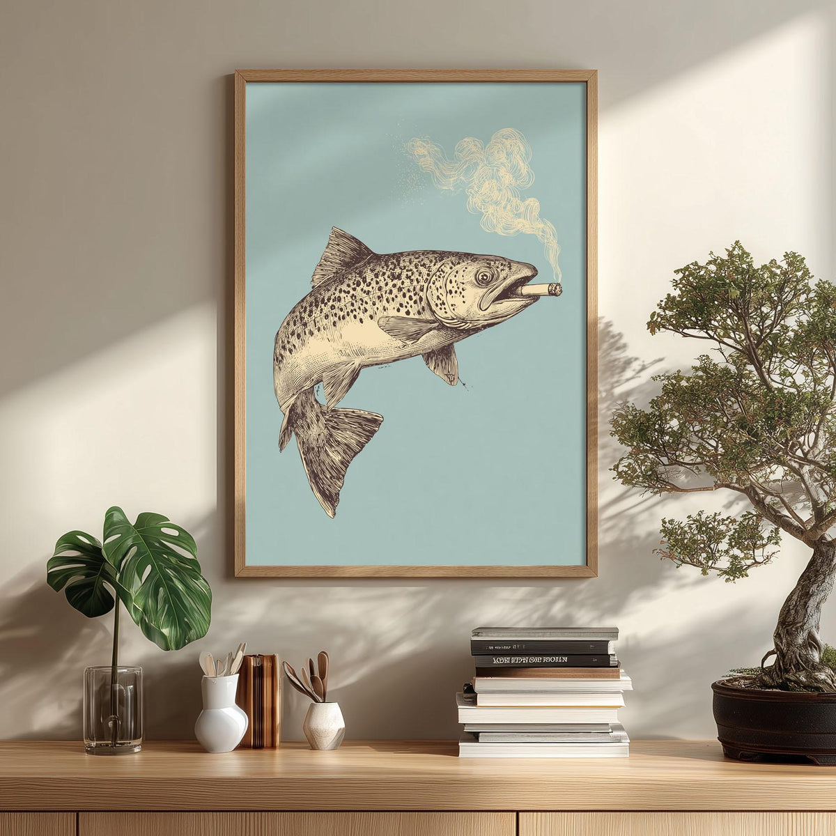 Smoking Trout Poster, Vintage Fish Print, Quirky Wall Art, Blue Illustration