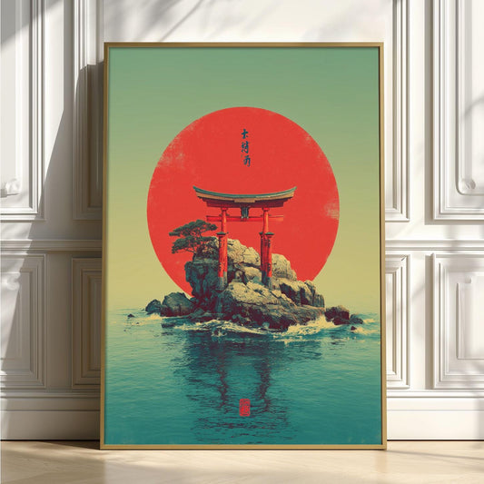 Torii Gate Poster, Japanese Wall Art, Island Print, Red Sun Decor