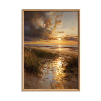 Coastal Sunset Poster, Beach Wall Art, Seascape Print, Golden Illustration