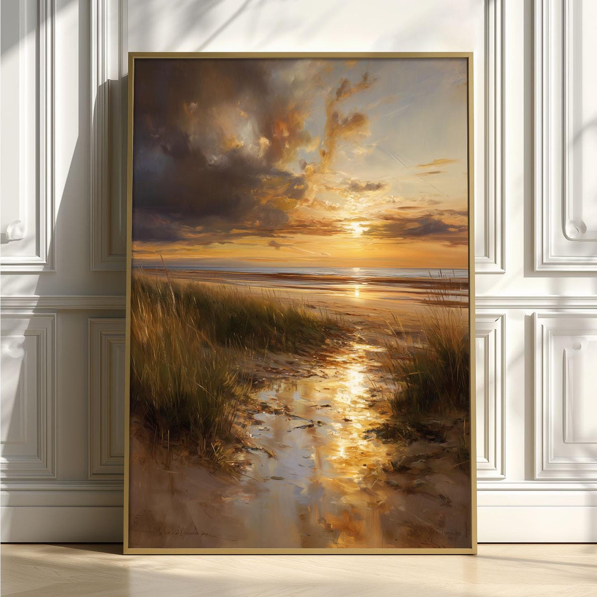 Coastal Sunset Poster, Beach Wall Art, Seascape Print, Golden Illustration