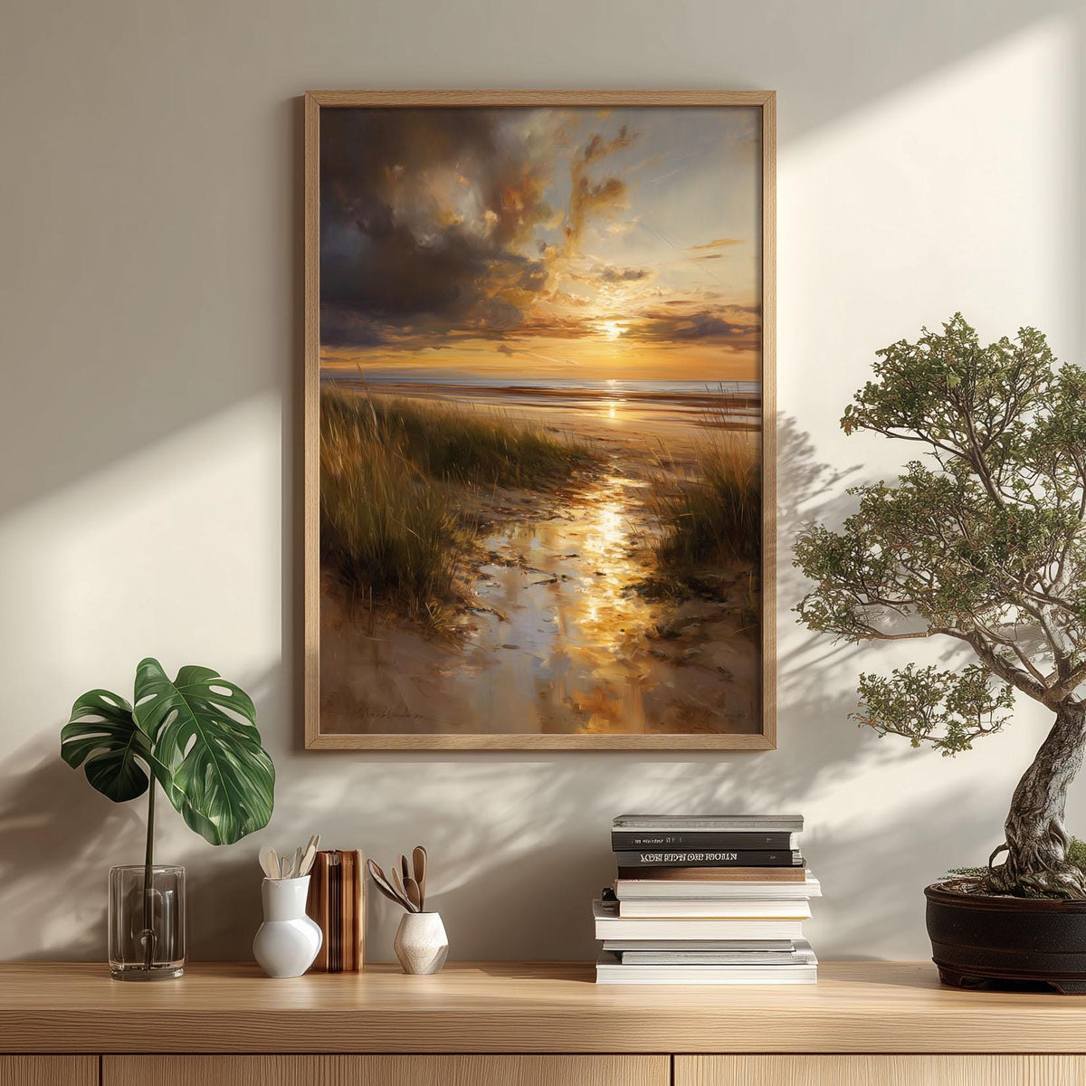 Coastal Sunset Poster, Beach Wall Art, Seascape Print, Golden Illustration
