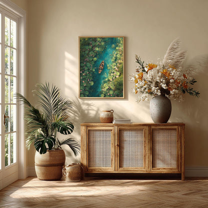 Lotus Boat Print, Aerial River Poster, Botanical Wall Art, Green Home Decor