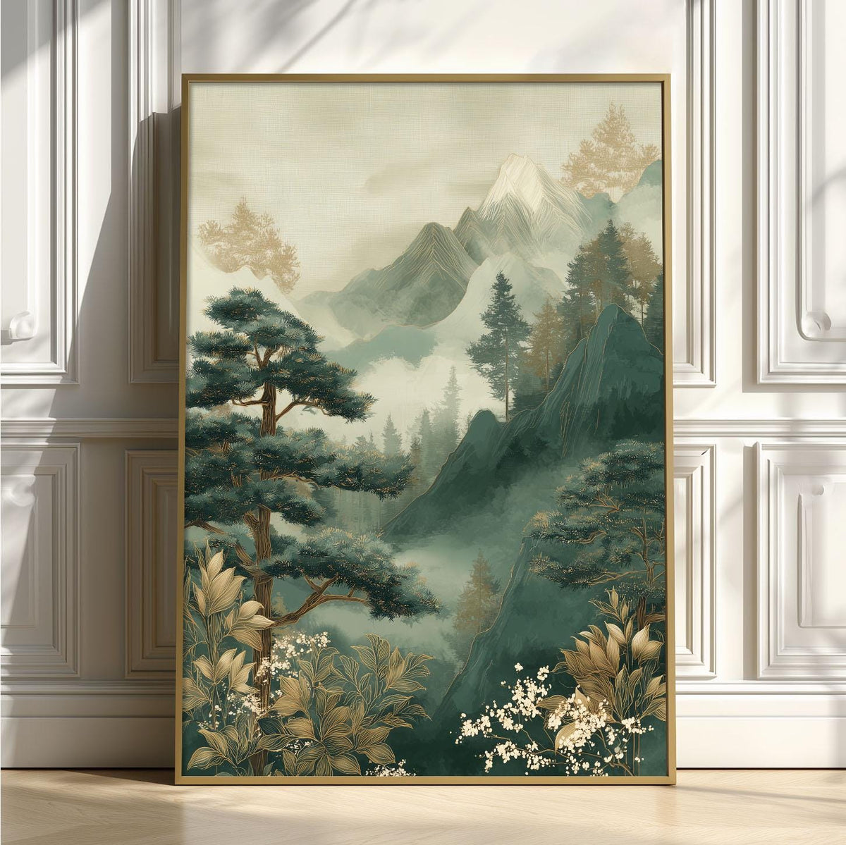 Misty Mountain Poster, Pine Forest Print, Japandi Wall Art, Green Bedroom Decor