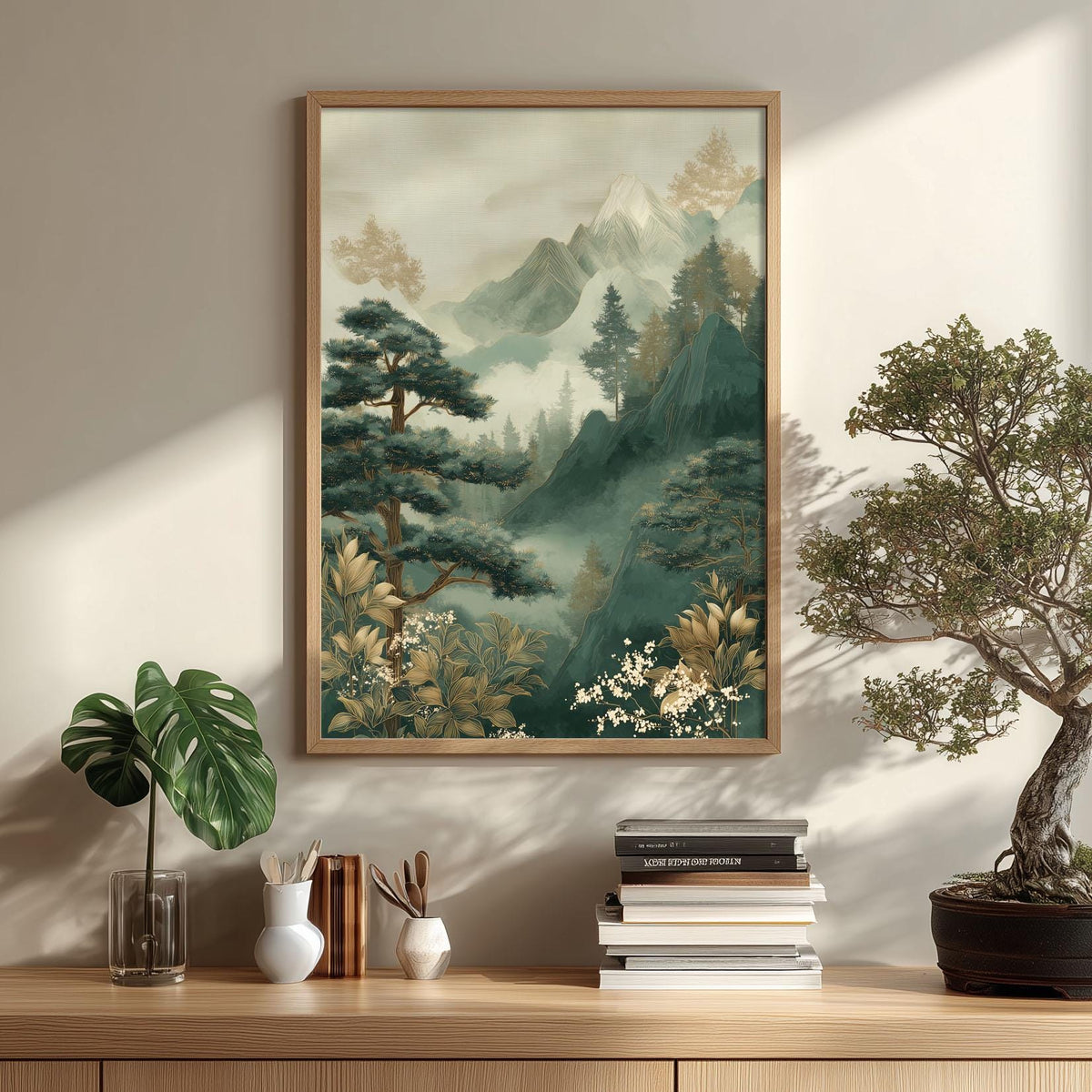 Misty Mountain Poster, Pine Forest Print, Japandi Wall Art, Green Bedroom Decor