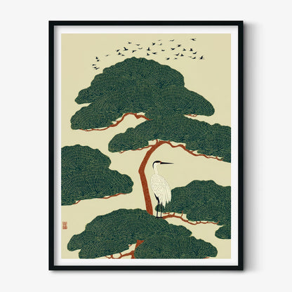 White Heron Print, Japanese Poster, Bird Wall Art, Green Illustration