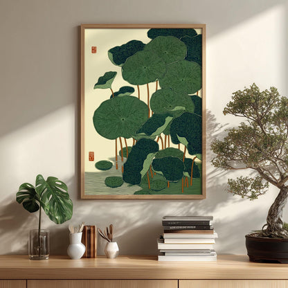 Lotus Leaf Poster, Japanese Botanical Print, Green Wall Art, Zen Bathroom Decor