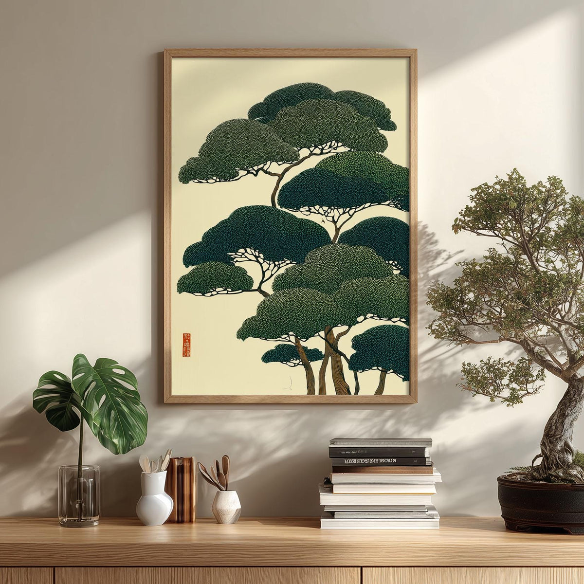 Japanese Pine Tree Art Print - Vintage Botanical Illustration, Green Wall Art