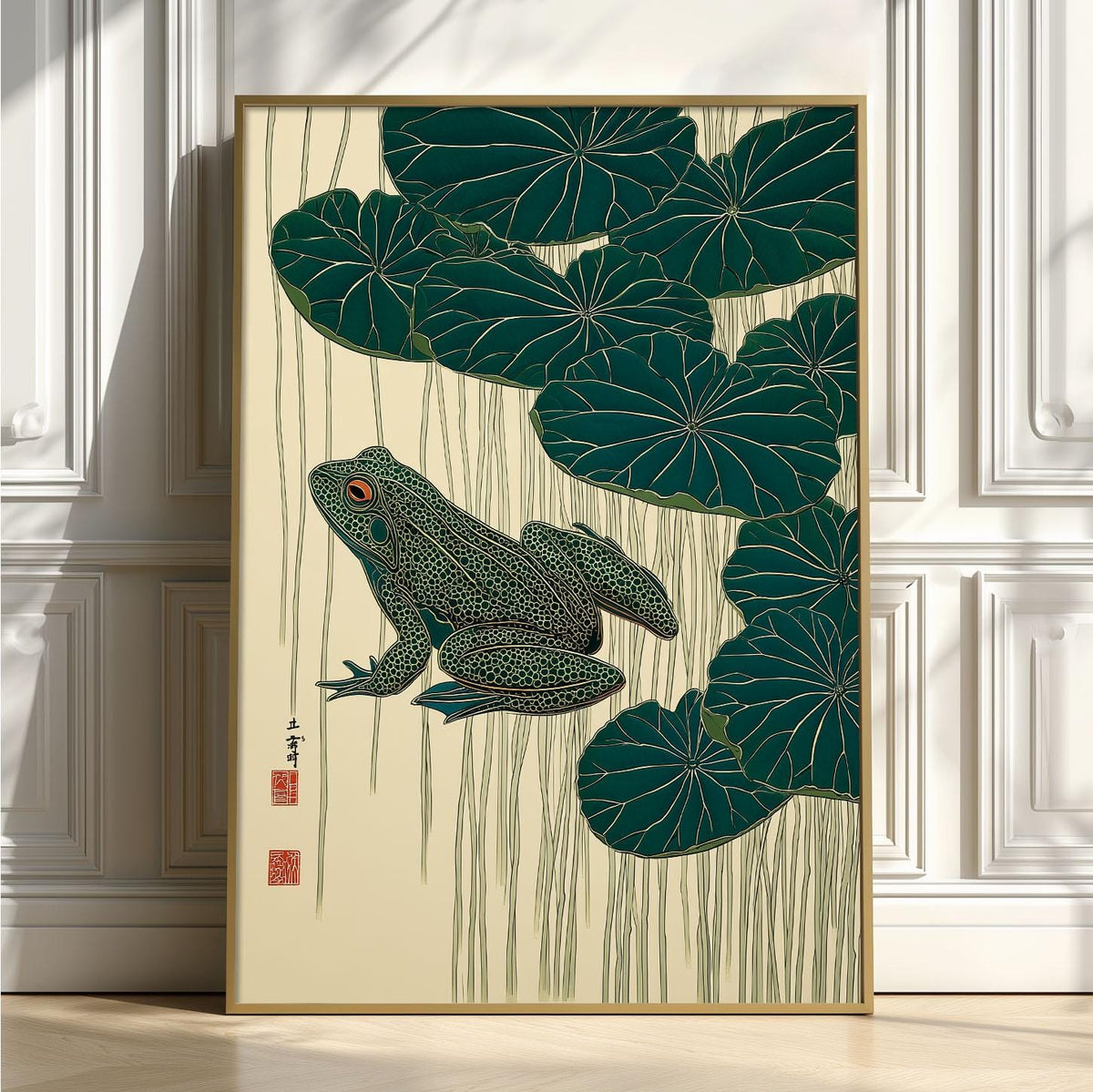 Frog and Lotus Wall Art Print - Japanese style botanical illustration