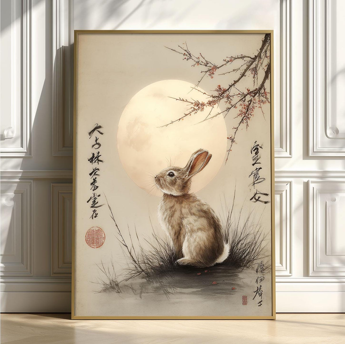 Moonlit Rabbit Japanese Art Print – Watercolour Cherry Blossom Wall Decor