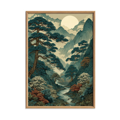 Japanese Mountain Valley Art Print – Ukiyo-e Moonlit Pine Forest Serene Wall Decor