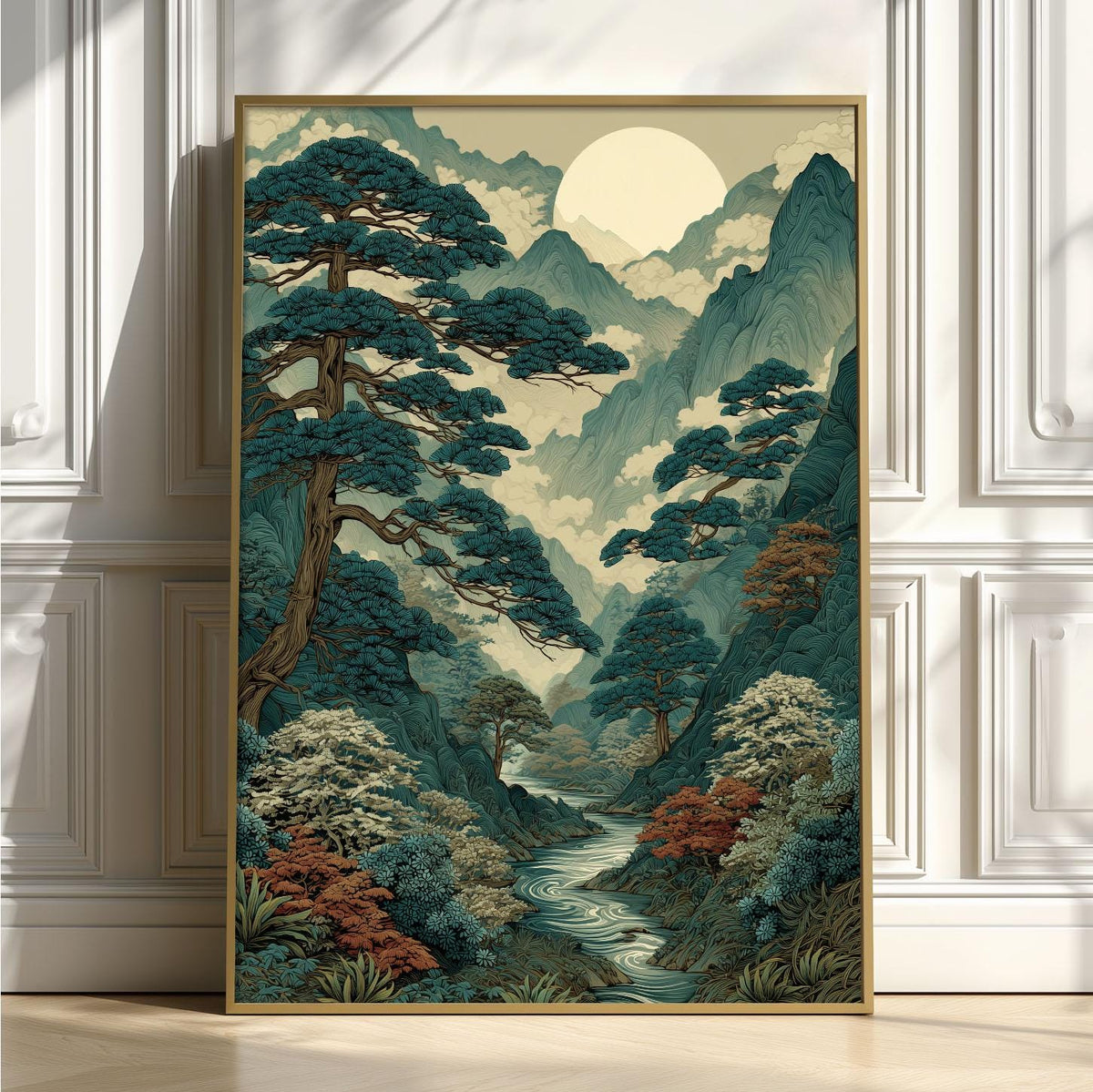 Japanese Mountain Valley Art Print – Ukiyo-e Moonlit Pine Forest Serene Wall Decor