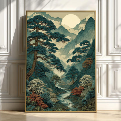 Japanese Mountain Valley Art Print – Ukiyo-e Moonlit Pine Forest Serene Wall Decor