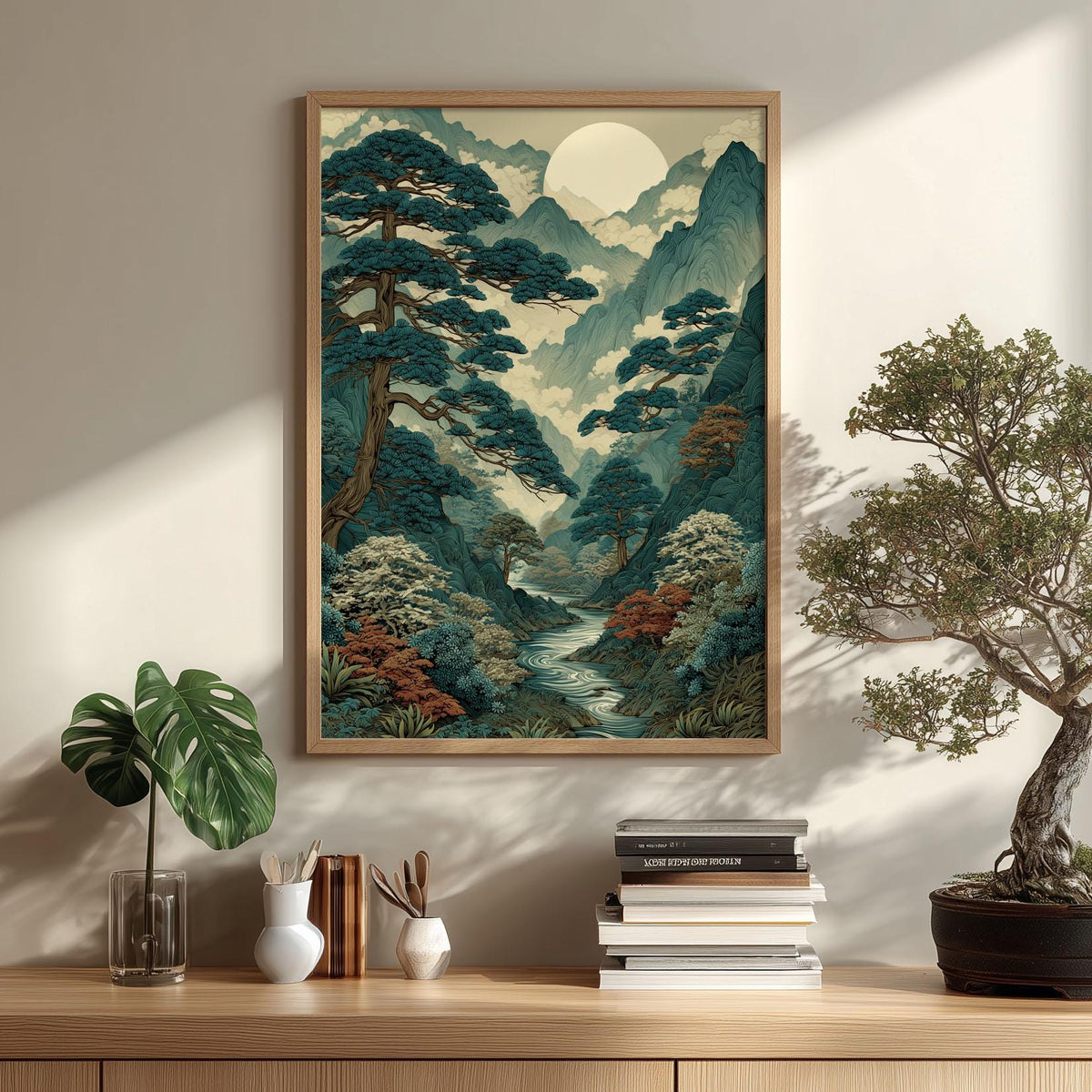 Japanese Mountain Valley Art Print – Ukiyo-e Moonlit Pine Forest Serene Wall Decor