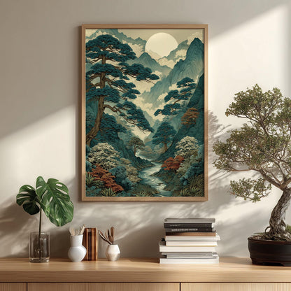 Japanese Mountain Valley Art Print – Ukiyo-e Moonlit Pine Forest Serene Wall Decor