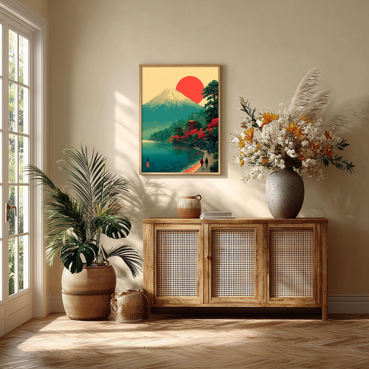 Japan Landscape Art Print - Mount Fuji Sunrise Wall Decor, Japanese Pagoda Coast Poster