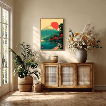 Japan Landscape Art Print - Mount Fuji Sunrise Wall Decor, Japanese Pagoda Coast Poster