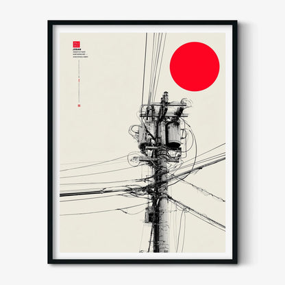 Japanese power pole art print - minimalist line drawing with red sun - modern wall decor