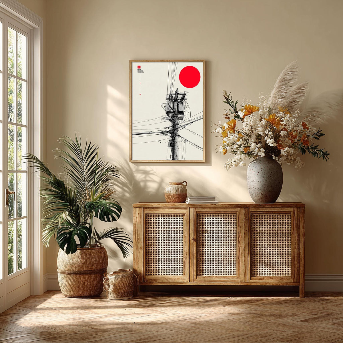Japanese power pole art print - minimalist line drawing with red sun - modern wall decor
