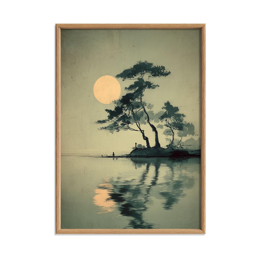 Japanese Landscape Print - Moonlit Pine By the Lake Wall Art