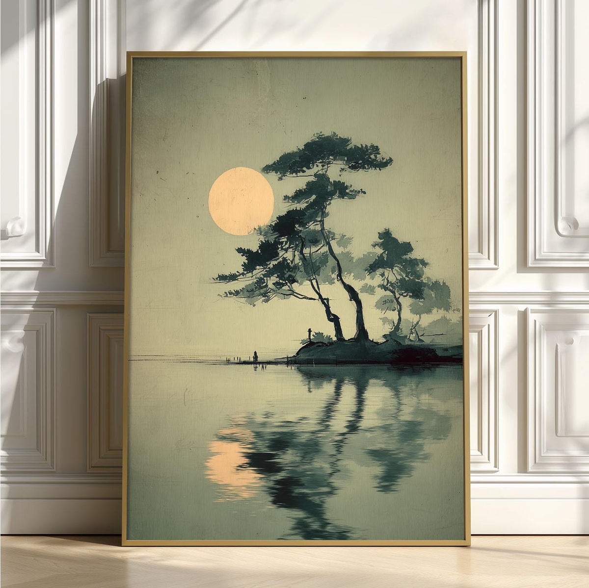 Japanese Landscape Print - Moonlit Pine By the Lake Wall Art