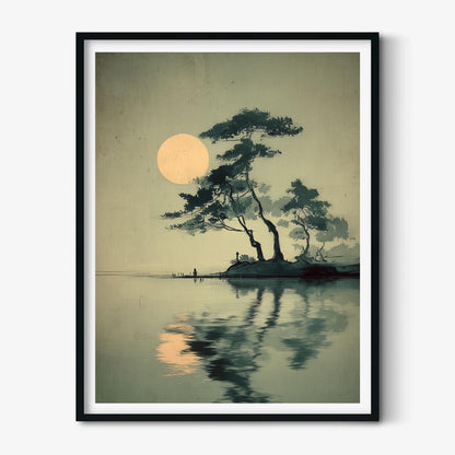 Japanese Landscape Print - Moonlit Pine By the Lake Wall Art