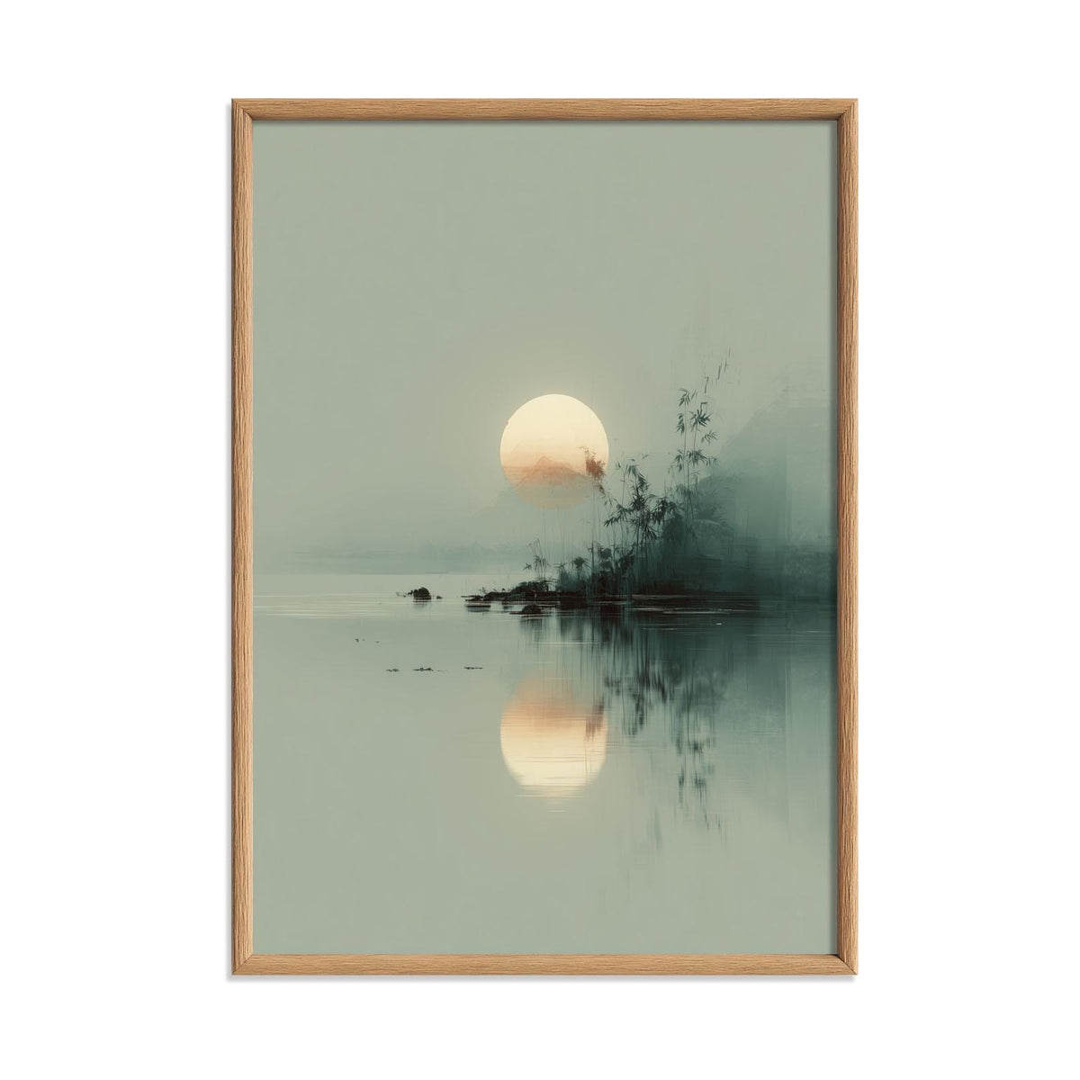 Japanese Landscape Print - Minimalist Sunrise Wall Art, Tranquil Lake Scene