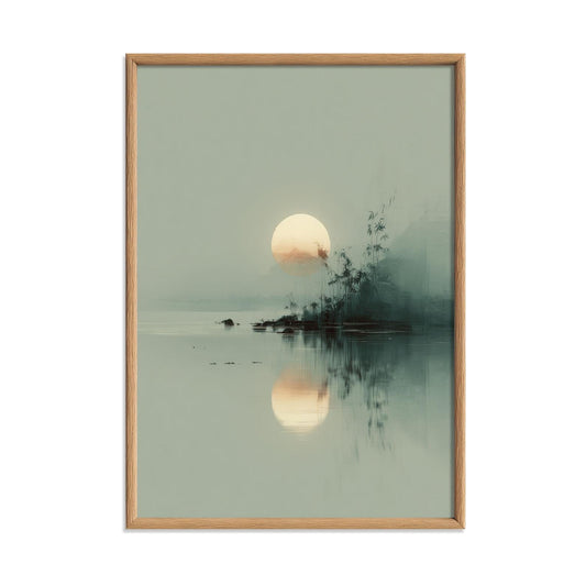 Japanese Landscape Print - Minimalist Sunrise Wall Art, Tranquil Lake Scene