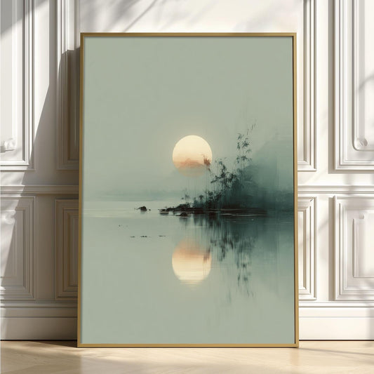 Japanese Landscape Print - Minimalist Sunrise Wall Art, Tranquil Lake Scene