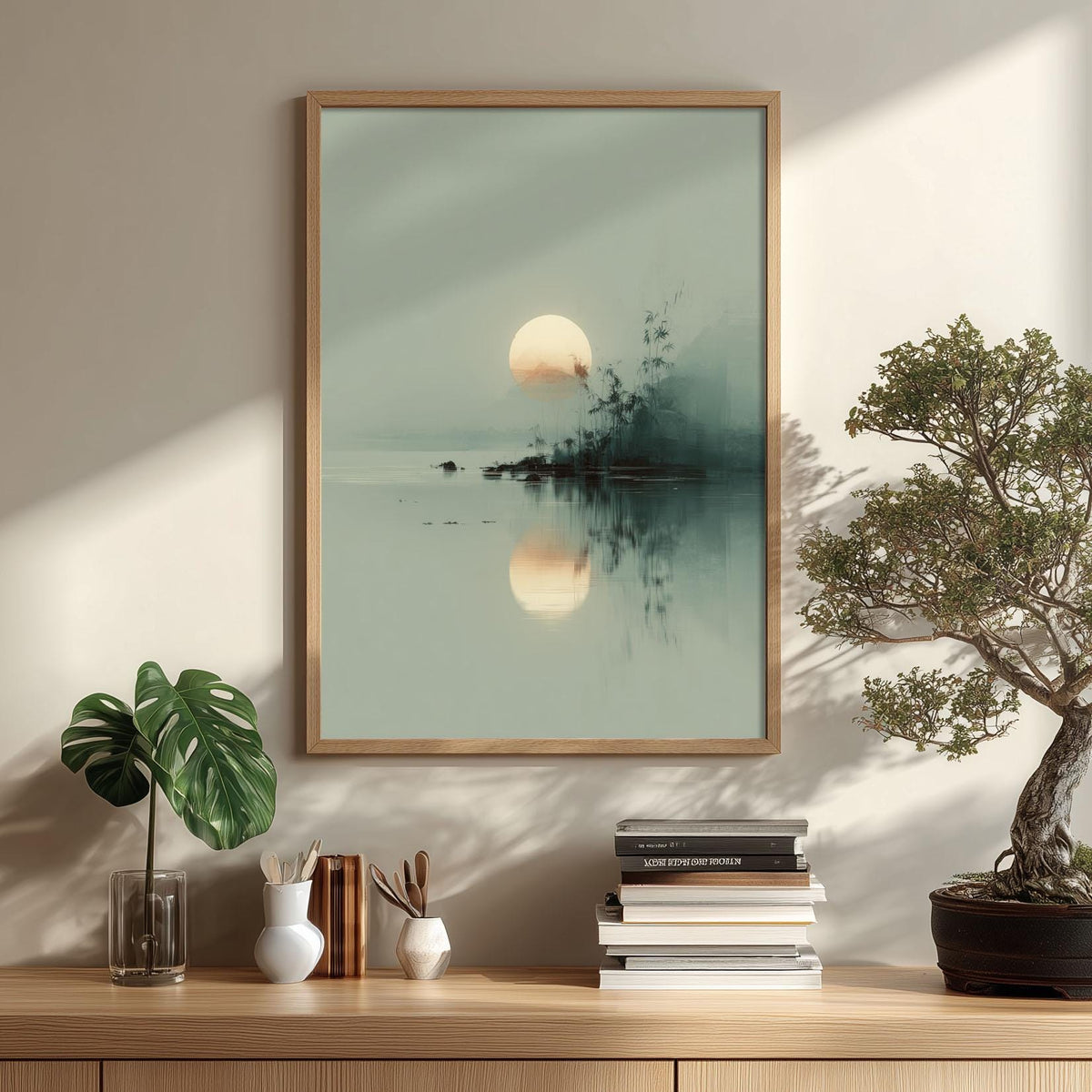 Japanese Landscape Print - Minimalist Sunrise Wall Art, Tranquil Lake Scene
